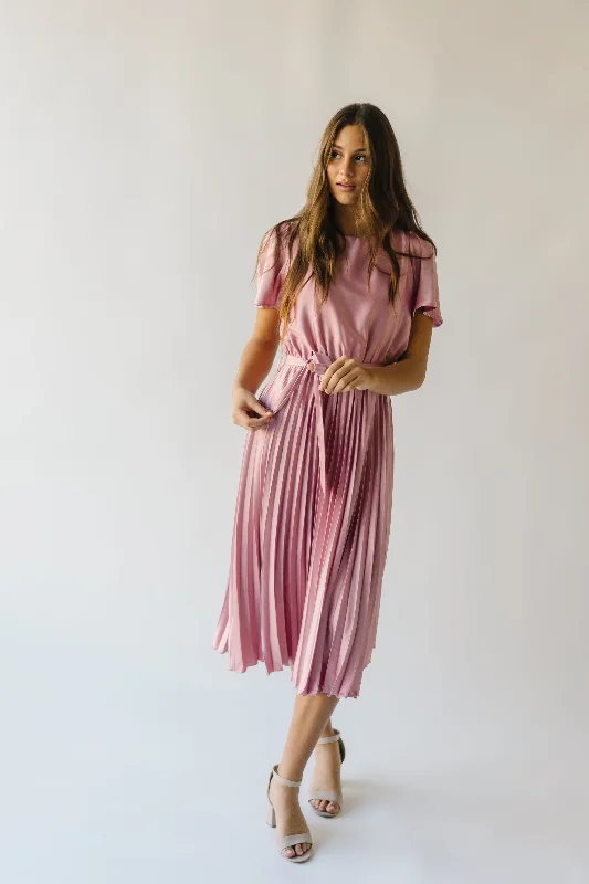 The Schertz Satin Pleated Midi Dress in Dusty Mauve