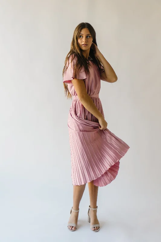 The Schertz Satin Pleated Midi Dress in Dusty Mauve