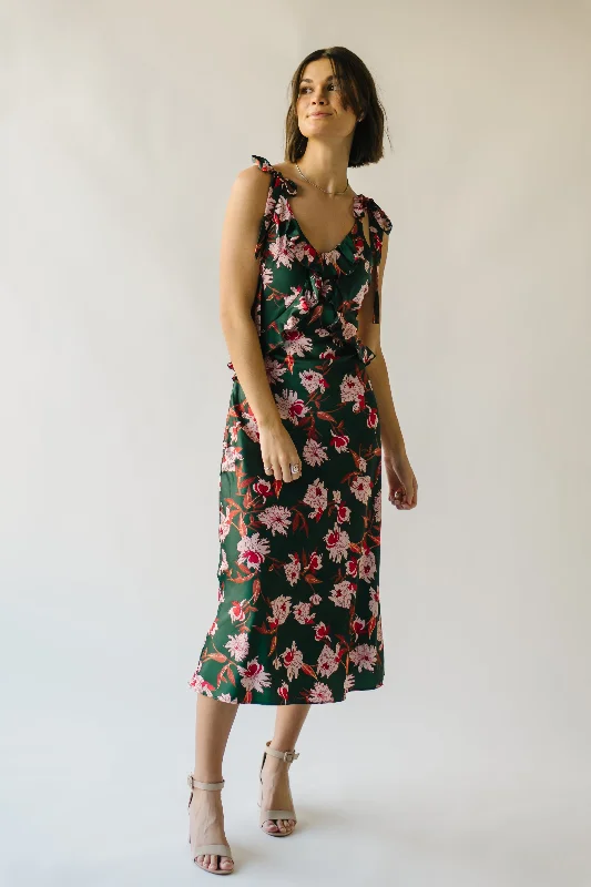 The Etna Shoulder Tie Floral Midi Dress in Green Multi