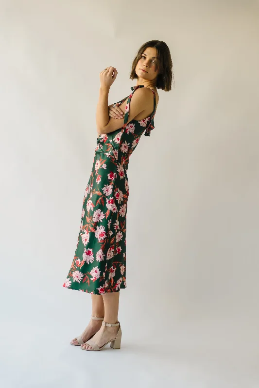 The Etna Shoulder Tie Floral Midi Dress in Green Multi