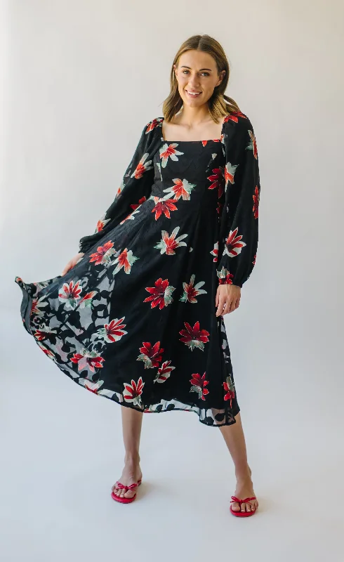 The Olander Square Neck Floral Dress in Black Multi