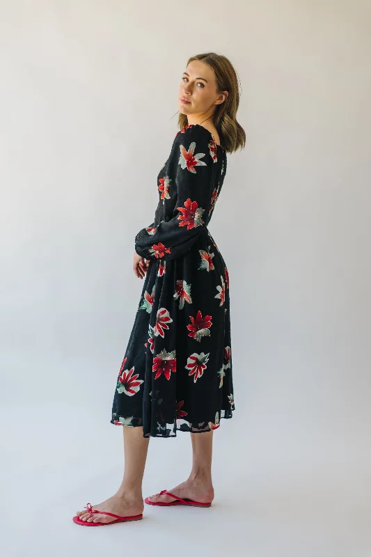 The Olander Square Neck Floral Dress in Black Multi