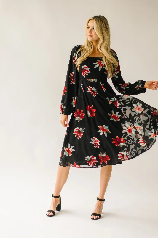 The Olander Square Neck Floral Dress in Black Multi