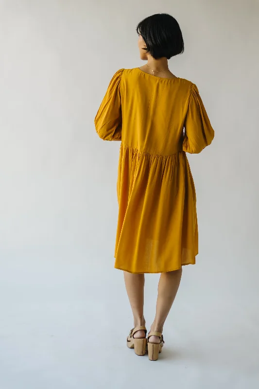 The Delaina Embroidered Floral Dress in Dark Mustard