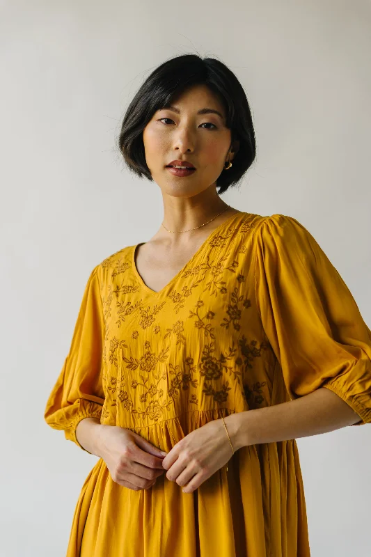 The Delaina Embroidered Floral Dress in Dark Mustard