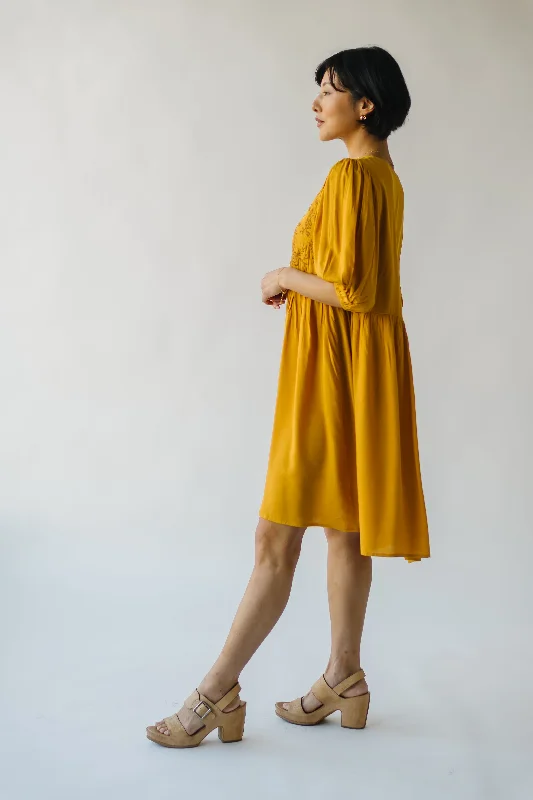 The Delaina Embroidered Floral Dress in Dark Mustard