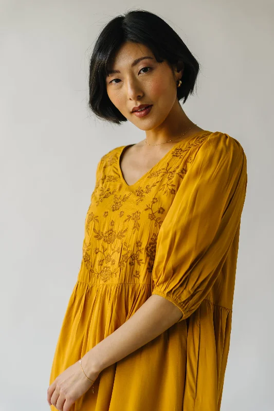 The Delaina Embroidered Floral Dress in Dark Mustard