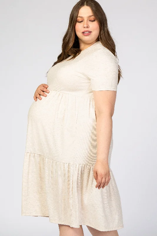 Beige Ribbed Tiered Maternity Plus Dress