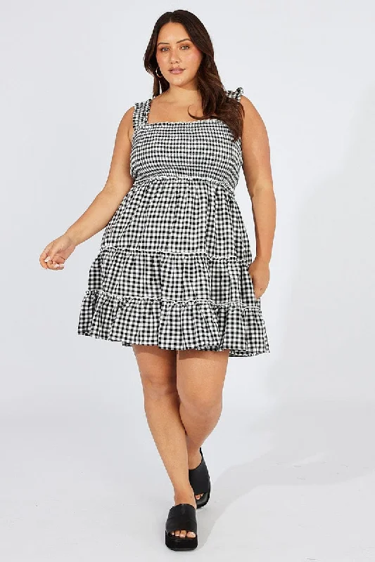 Black Check Shirred Minidress Gingham