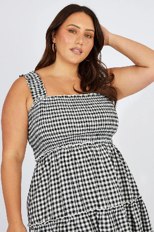 Black Check Shirred Minidress Gingham