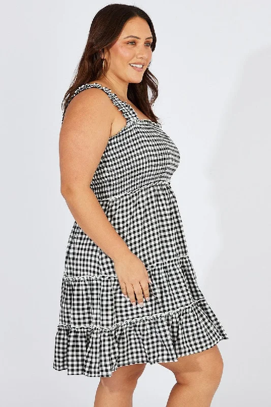 Black Check Shirred Minidress Gingham