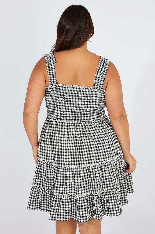 Black Check Shirred Minidress Gingham