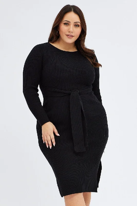 Black Knit Dress Long Sleeve Midi High Neck Tie Front