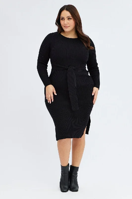 Black Knit Dress Long Sleeve Midi High Neck Tie Front