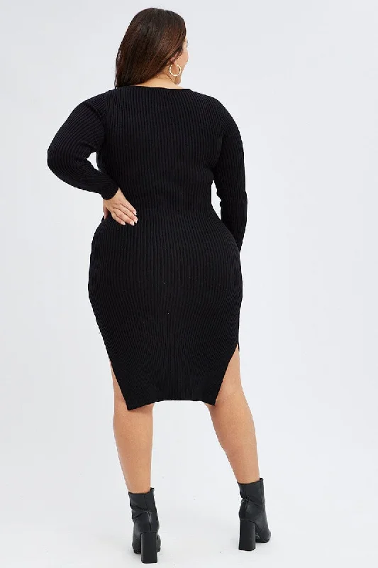 Black Knit Dress Long Sleeve Midi High Neck Tie Front