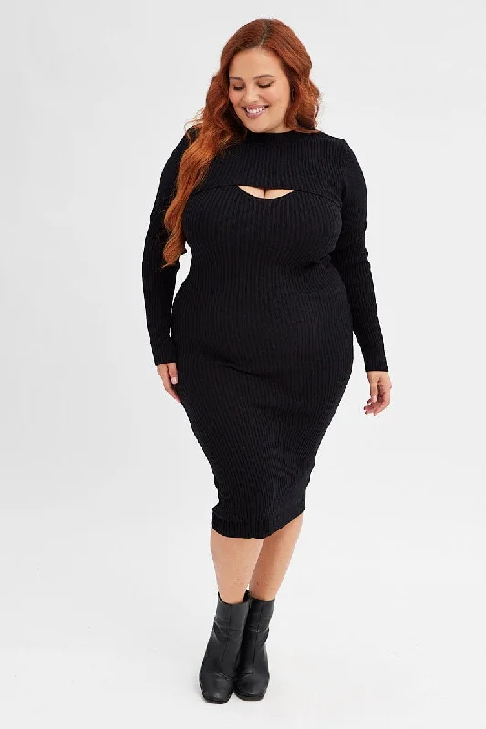 Black Knit Dress Midi Rib with Shrug