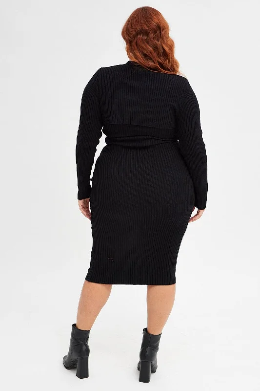 Black Knit Dress Midi Rib with Shrug