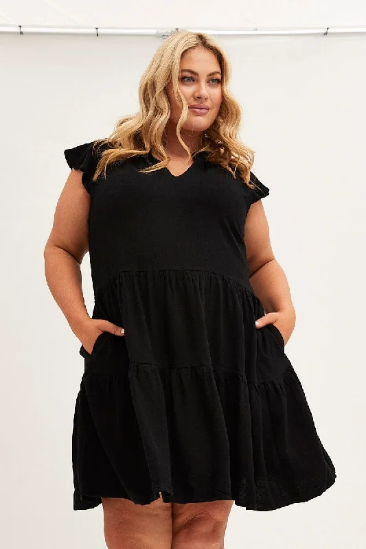 Black Relaxed Dress Short Sleeve V-neck Linen Blend