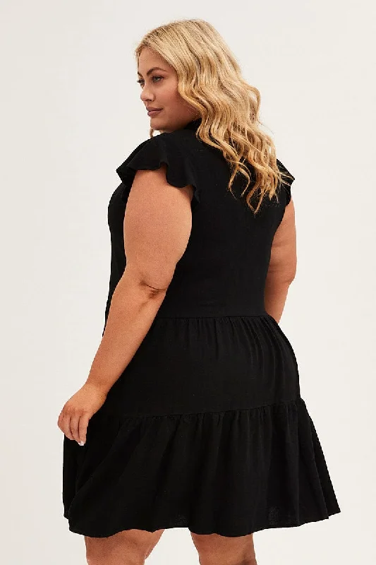 Black Relaxed Dress Short Sleeve V-neck Linen Blend