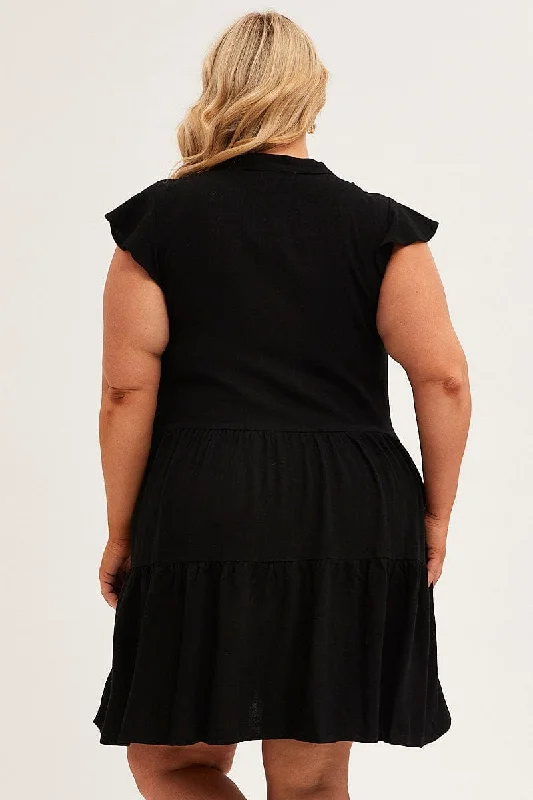 Black Relaxed Dress Short Sleeve V-neck Linen Blend