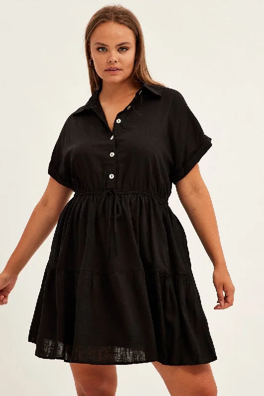 Black Shirt Dress Short Sleeve Linen Blend