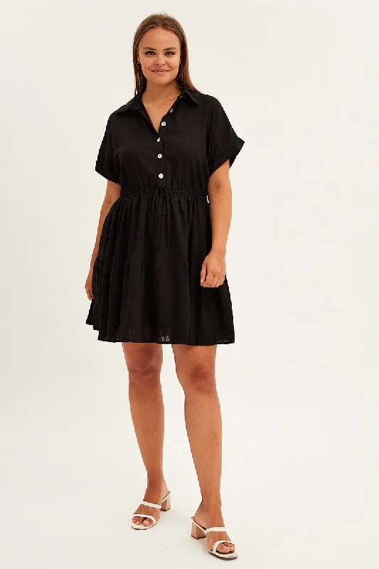 Black Shirt Dress Short Sleeve Linen Blend