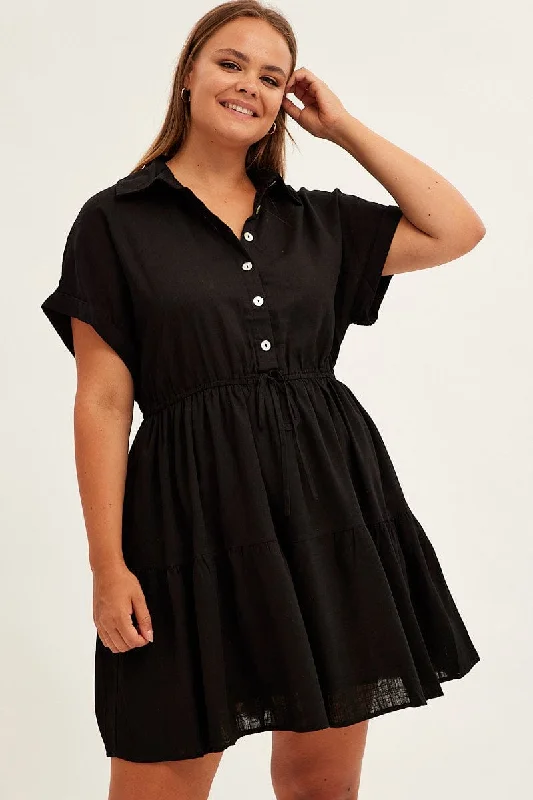 Black Shirt Dress Short Sleeve Linen Blend