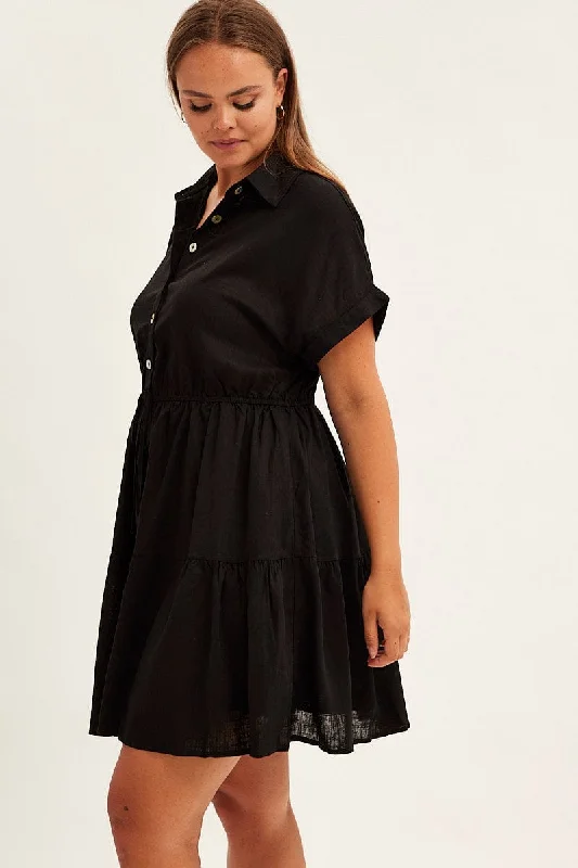 Black Shirt Dress Short Sleeve Linen Blend