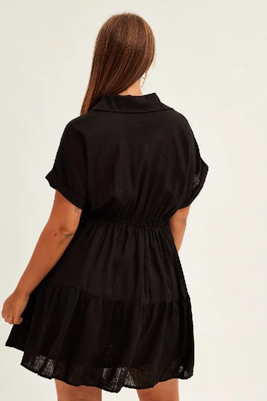 Black Shirt Dress Short Sleeve Linen Blend