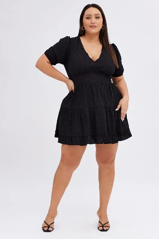 Black Skater Dress Short Puff Sleeve Textured