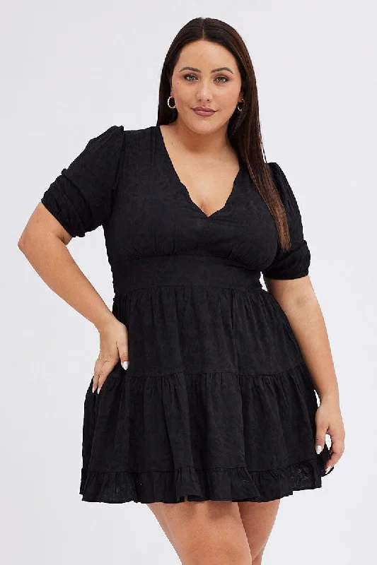 Black Skater Dress Short Puff Sleeve Textured