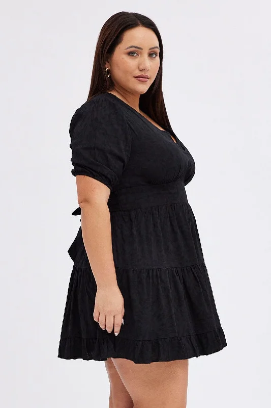 Black Skater Dress Short Puff Sleeve Textured