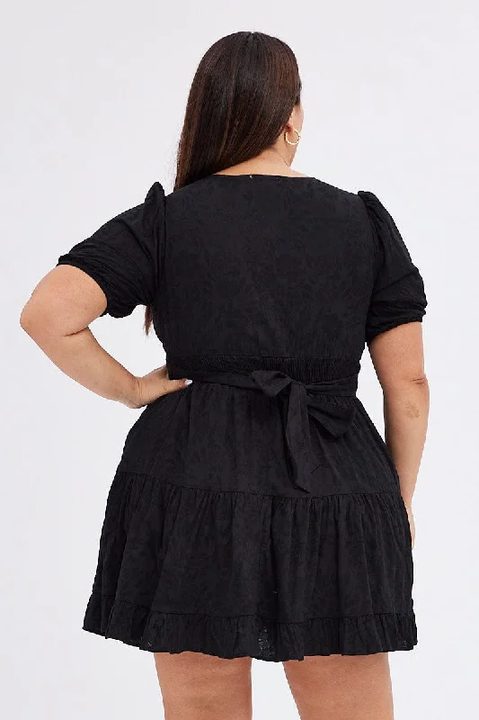 Black Skater Dress Short Puff Sleeve Textured