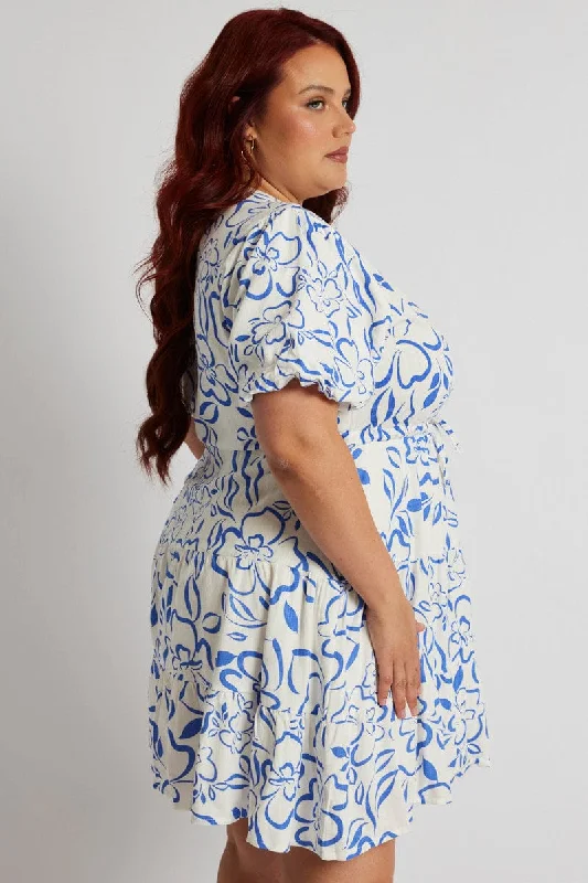 Blue Abstract Shirt Dress Short Sleeve Linen Blend