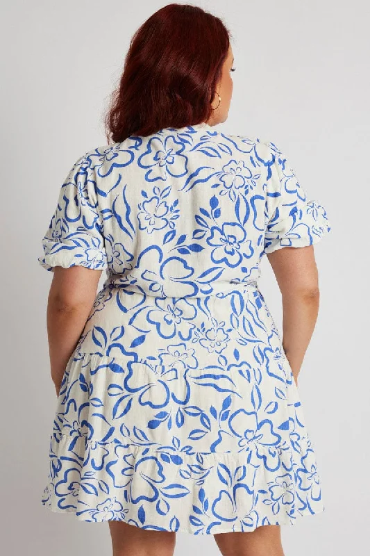 Blue Abstract Shirt Dress Short Sleeve Linen Blend