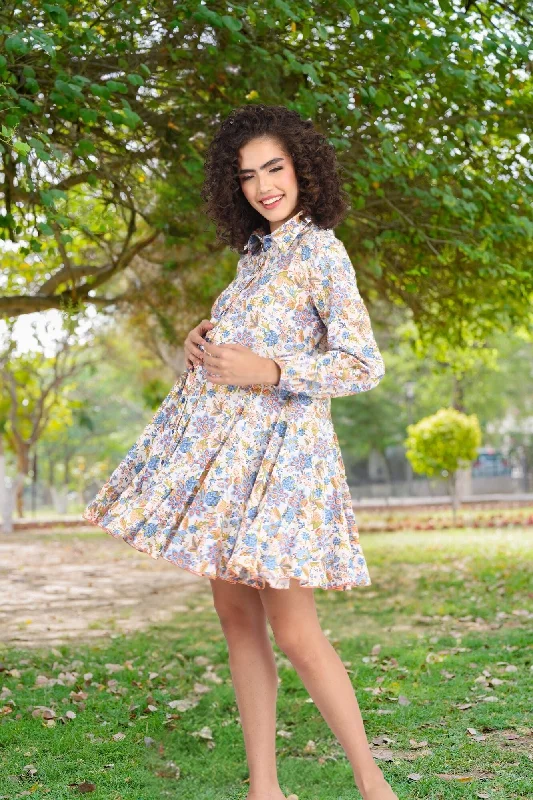 Blue Blossom Maternity & Nursing Frill Shirt Dress (100% Cotton)