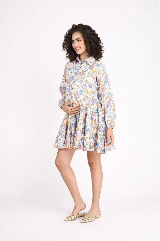 Blue Blossom Maternity & Nursing Frill Shirt Dress (100% Cotton)