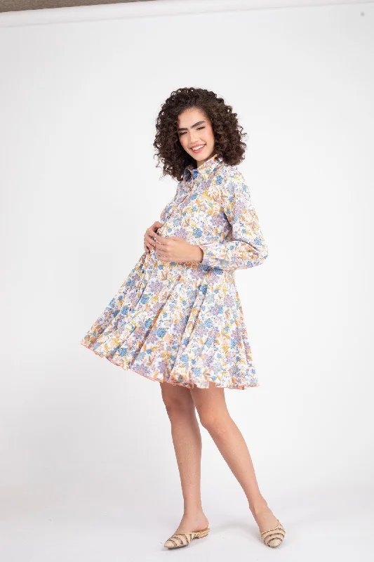 Blue Blossom Maternity & Nursing Frill Shirt Dress (100% Cotton)