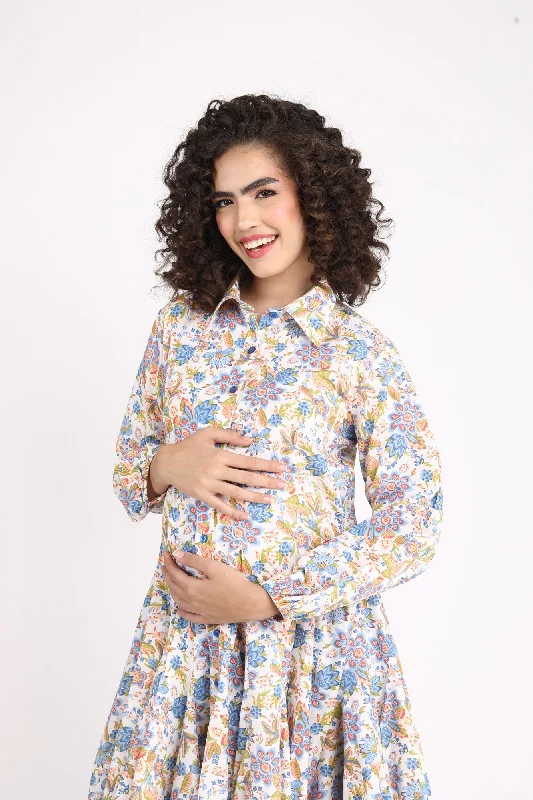 Blue Blossom Maternity & Nursing Frill Shirt Dress (100% Cotton)