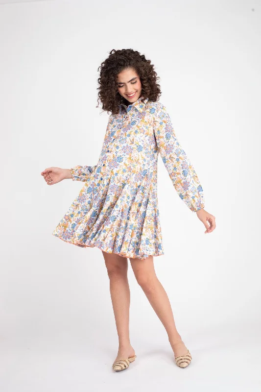 Blue Blossom Maternity & Nursing Frill Shirt Dress (100% Cotton)