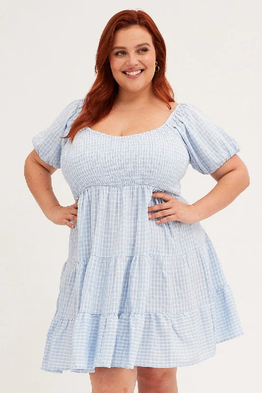 Blue Check Fit And Flare Dress Short Sleeve Shirred