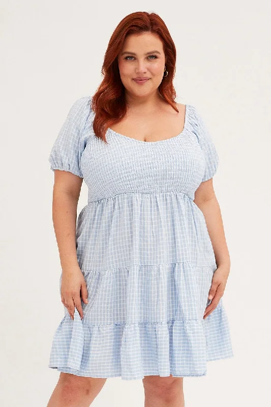 Blue Check Fit And Flare Dress Short Sleeve Shirred