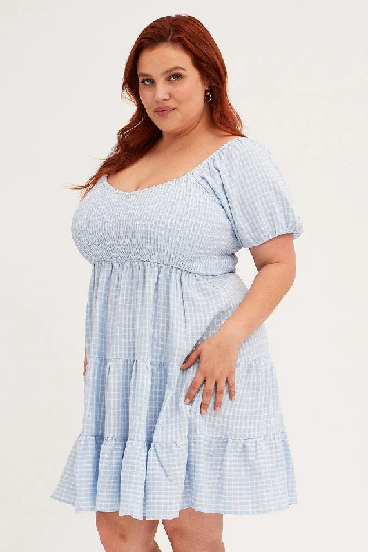 Blue Check Fit And Flare Dress Short Sleeve Shirred