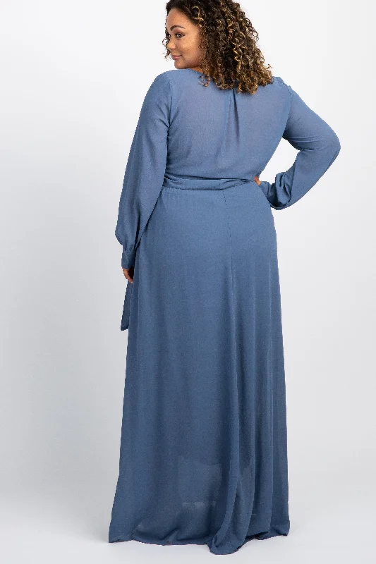 Blue Chiffon Long Sleeve Pleated Plus Maternity Maxi Dress