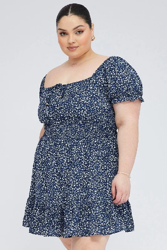 Blue Ditsy Fit And Flare Dress Short Sleeve Shirred Waist