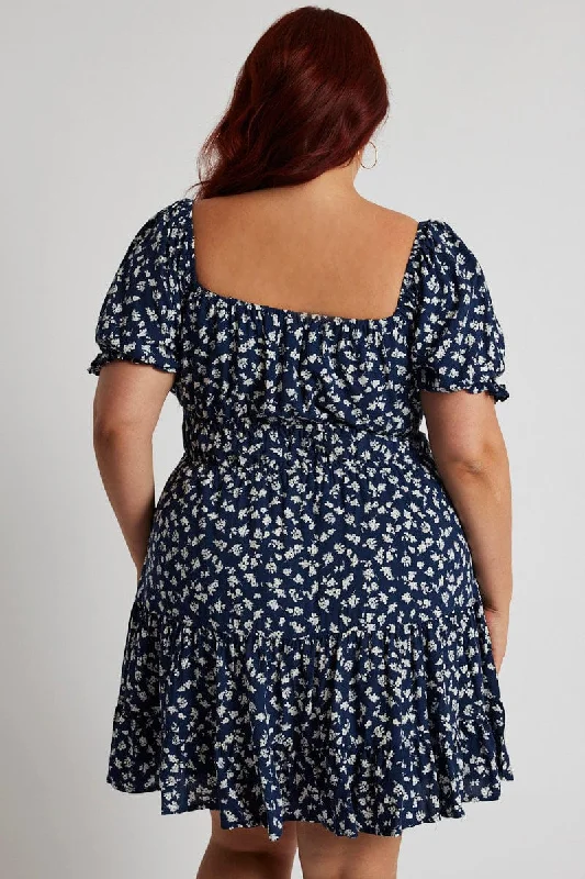 Blue Ditsy Fit And Flare Dress Short Sleeve Tiered Lace Up