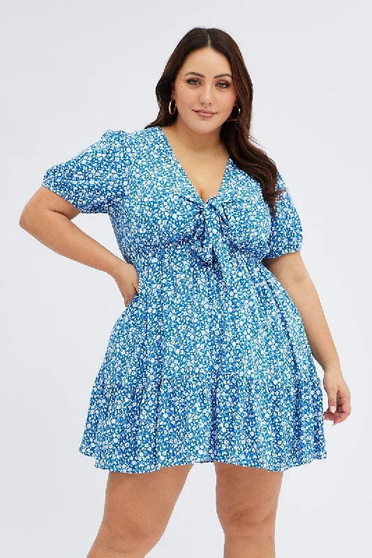 Blue Ditsy Mini Dress Puff Sleeve Tie Front