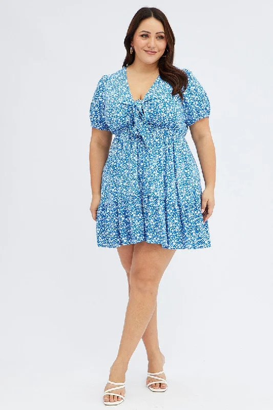 Blue Ditsy Mini Dress Puff Sleeve Tie Front