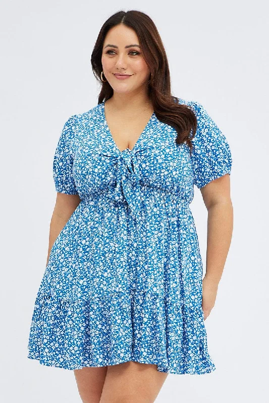 Blue Ditsy Mini Dress Puff Sleeve Tie Front