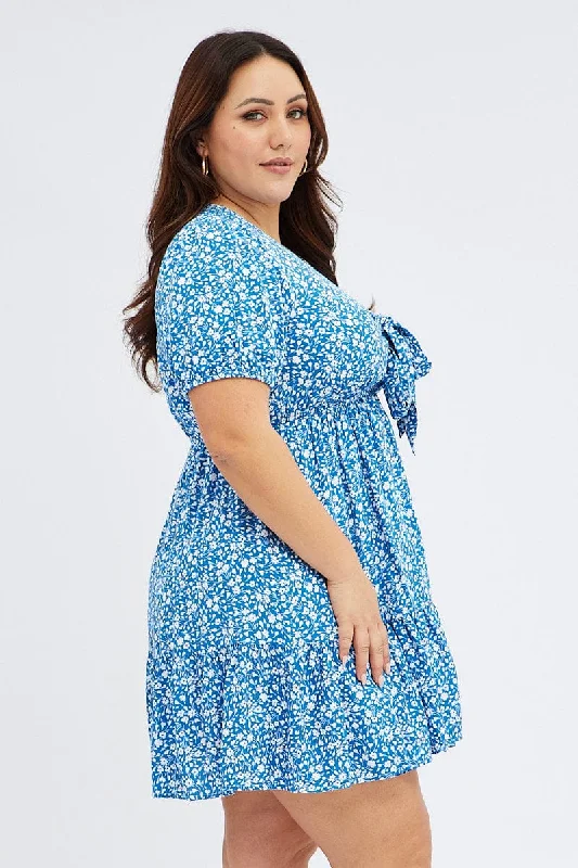 Blue Ditsy Mini Dress Puff Sleeve Tie Front